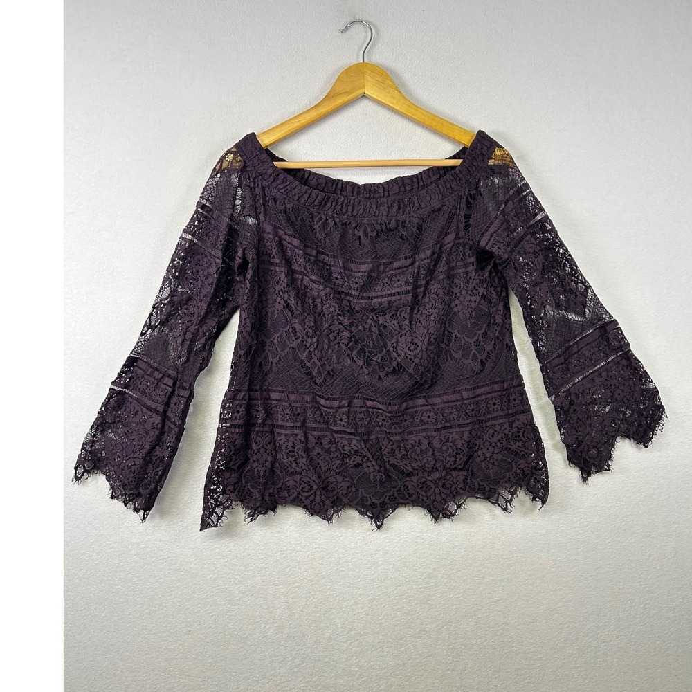 APT 9 Purple Lace Off‎ Shoulder Long Sleeve Bell Sleeve Top Blouse Womens M